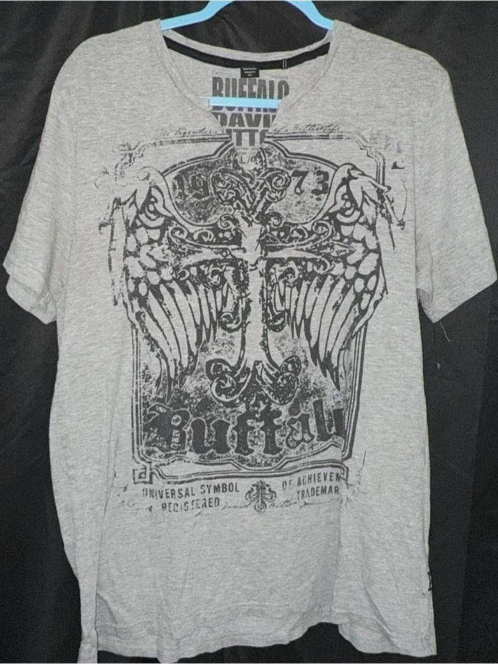 Buffalo David Bitton Grey Tee with Black Winged Cross Graphic